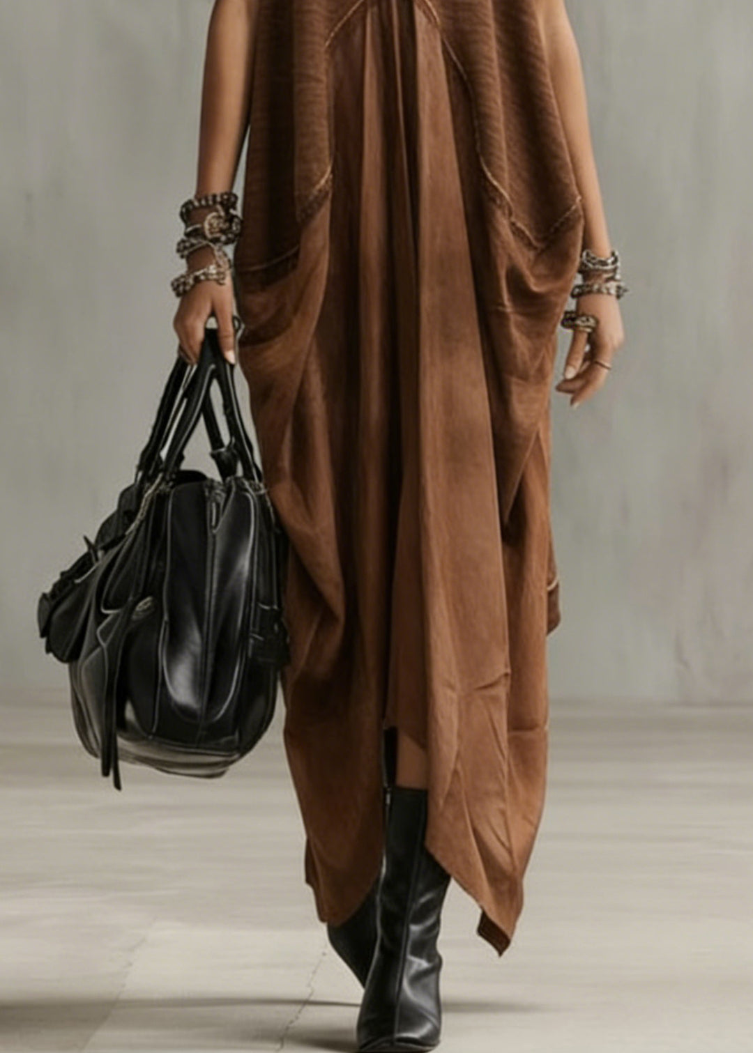 Natural Khaki O-Neck Patchwork Solid Long Dress Summer - Omychic