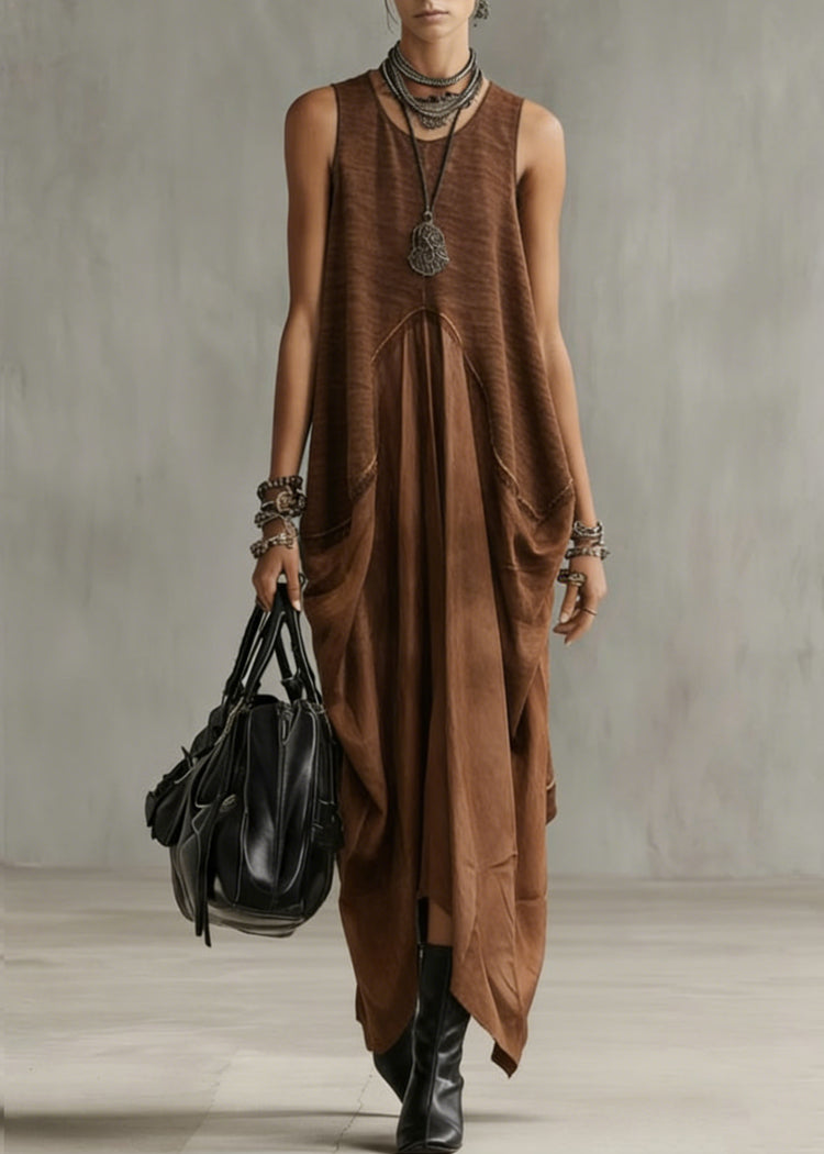 Natural Khaki O-Neck Patchwork Solid Long Dress Summer - Omychic