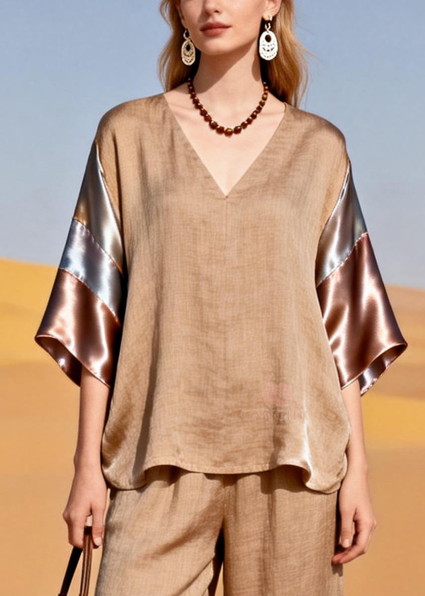 Natural Khaki Oversized Patchwork Silk Linen Two Piece Set Outfits Summer