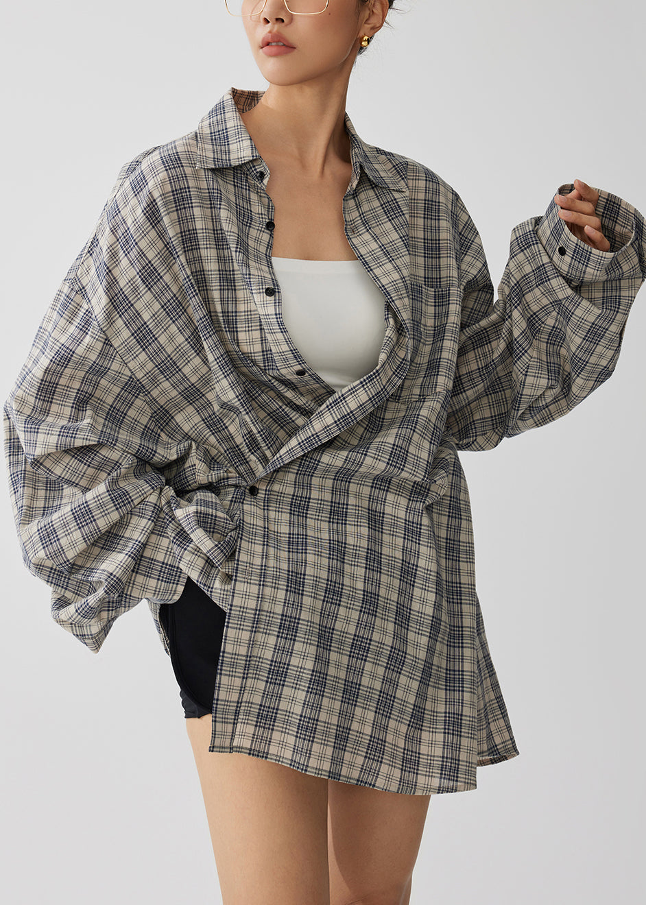 Natural Khaki Oversized Plaid Cotton Top Fall