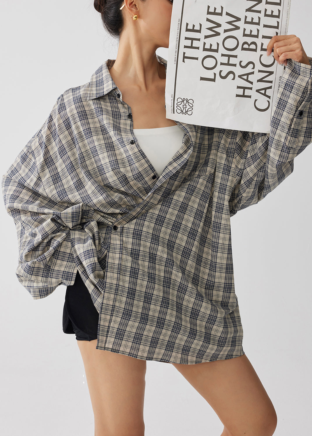 Natural Khaki Oversized Plaid Cotton Top Fall