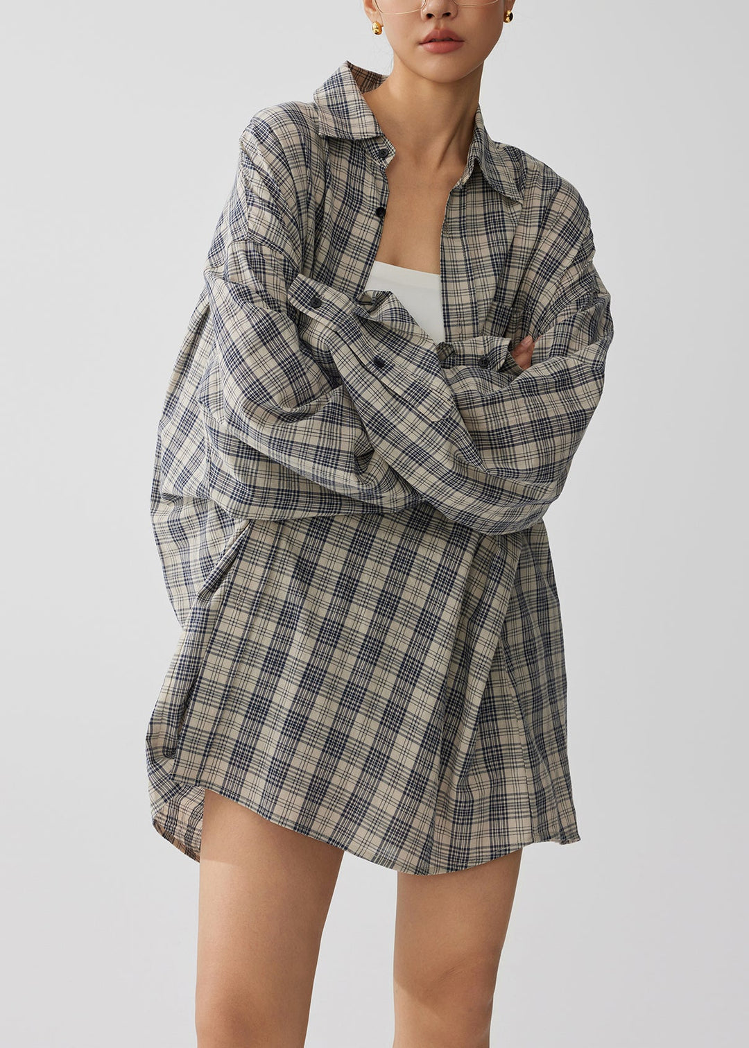 Natural Khaki Oversized Plaid Cotton Top Fall