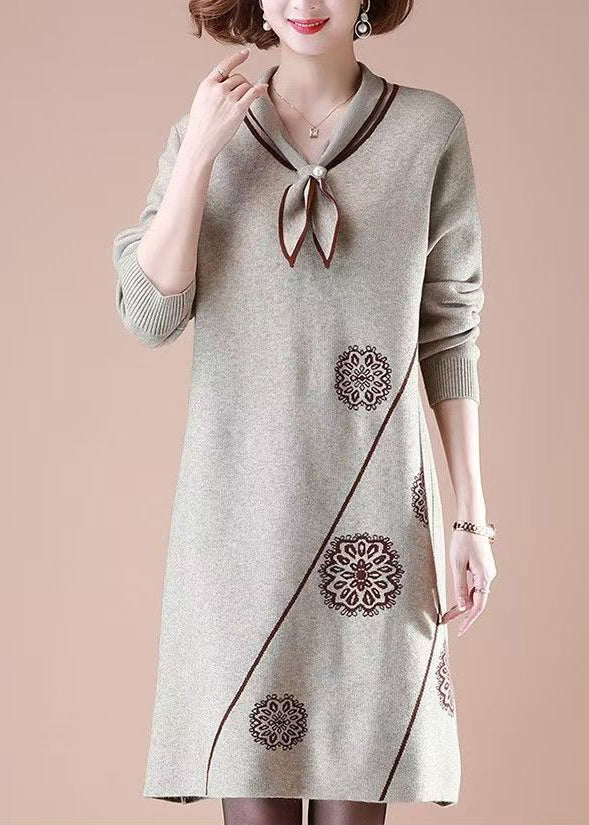 Natural Khaki Peter Pan Collar Cotton Knit Long weater Dress Fall
