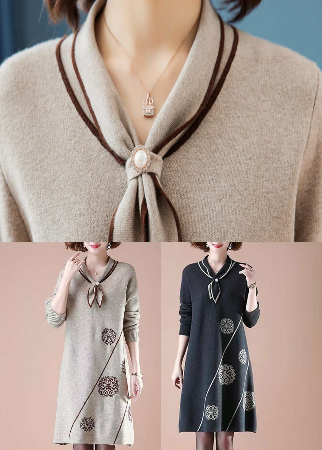 Natural Khaki Peter Pan Collar Cotton Knit Long weater Dress Fall