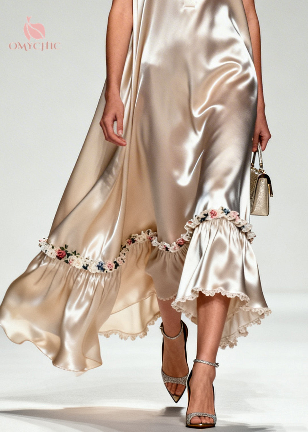 Natural Khaki Peter Pan Collar Patchwork Flower Silk Maxi Dress Sleeveless