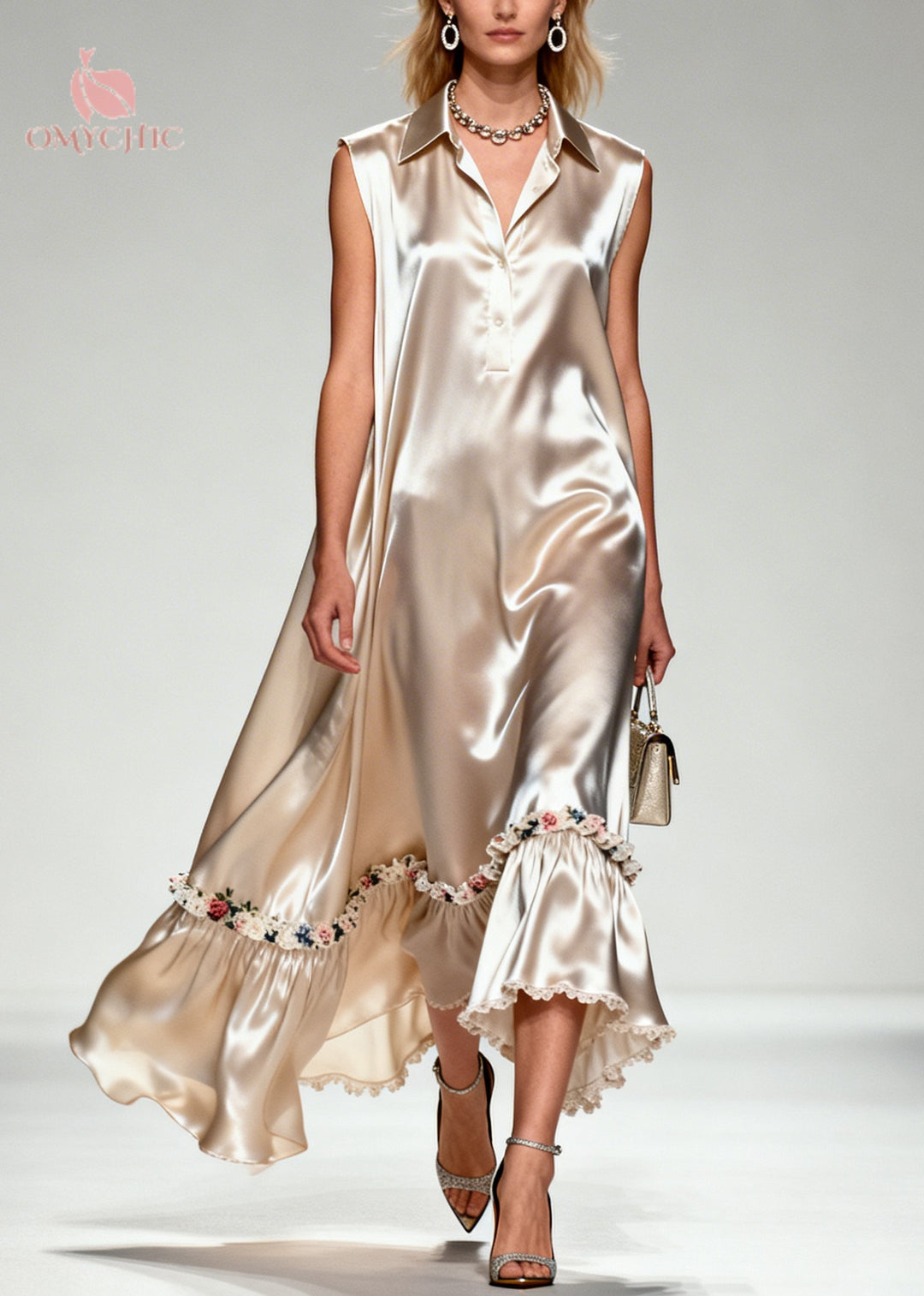 Natural Khaki Peter Pan Collar Patchwork Flower Silk Maxi Dress Sleeveless