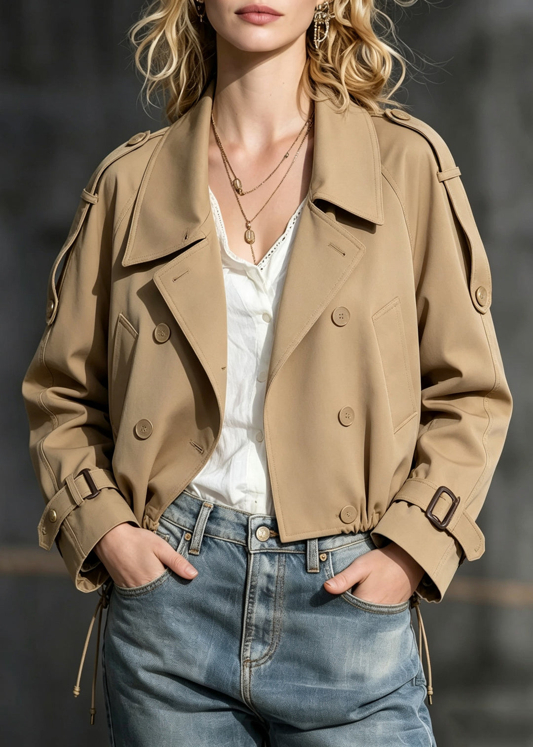 Natural Khaki Peter Pan Collar Patchwork Trench Coat Long Sleeve