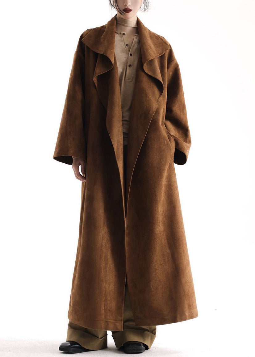 Natural Khaki Peter Pan Collar Pockets Faux Suede Trench Coats Fall