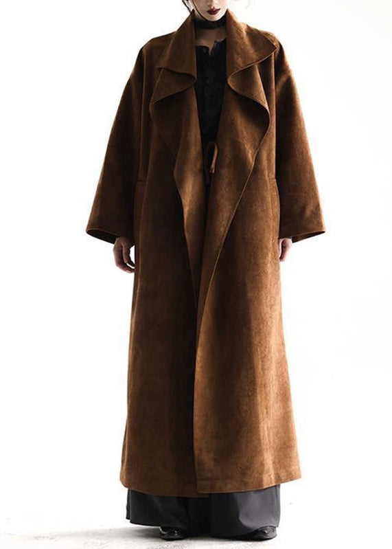 Natural Khaki Peter Pan Collar Pockets Faux Suede Trench Coats Fall