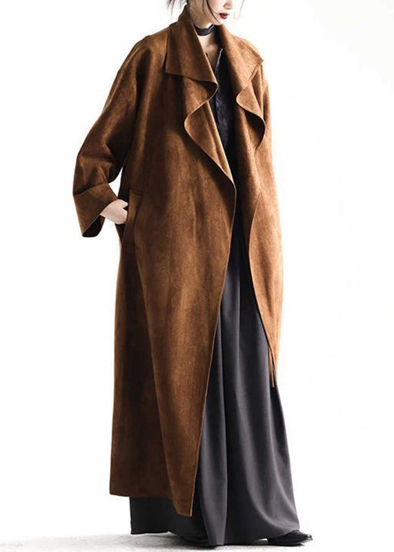 Natural Khaki Peter Pan Collar Pockets Faux Suede Trench Coats Fall