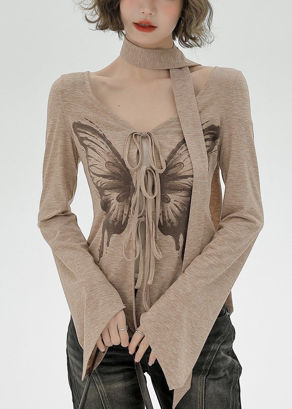 Natural Khaki Side Open Butterfly Print Cotton Shirt Flare Sleeve
