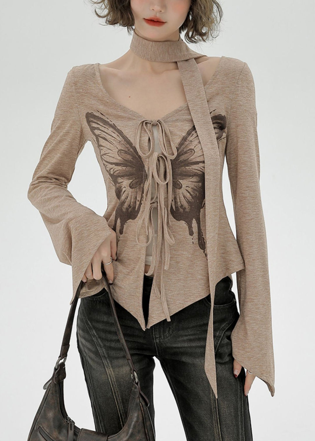 Natural Khaki Side Open Butterfly Print Cotton Shirt Flare Sleeve