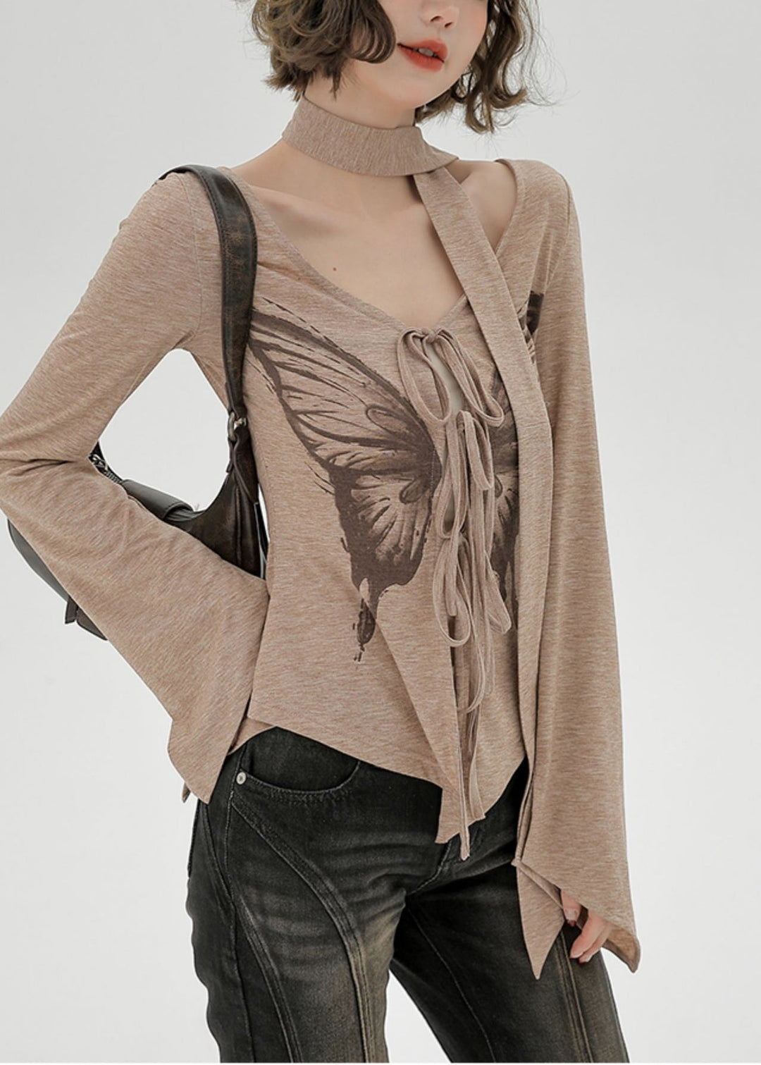 Natural Khaki Side Open Butterfly Print Cotton Shirt Flare Sleeve