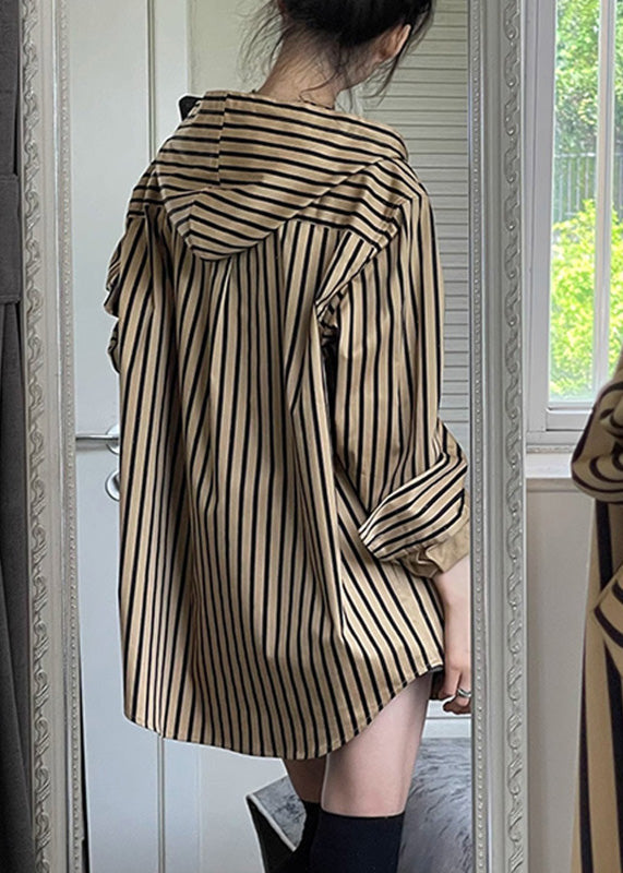 Natural Khaki Striped Button Hooded Shirts Spring