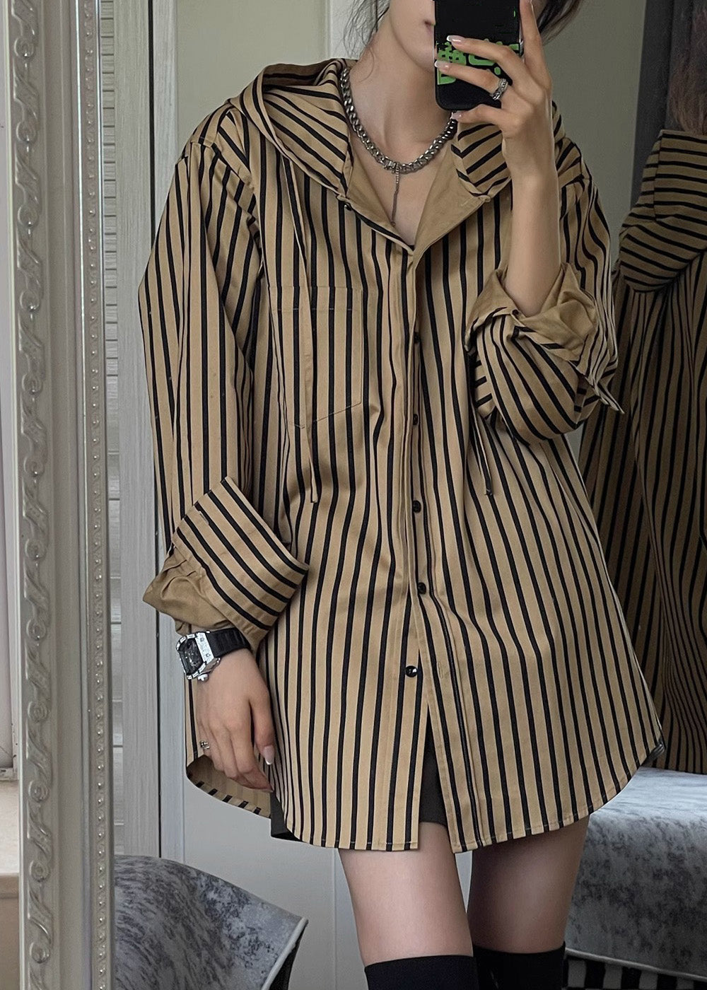 Natural Khaki Striped Button Hooded Shirts Spring