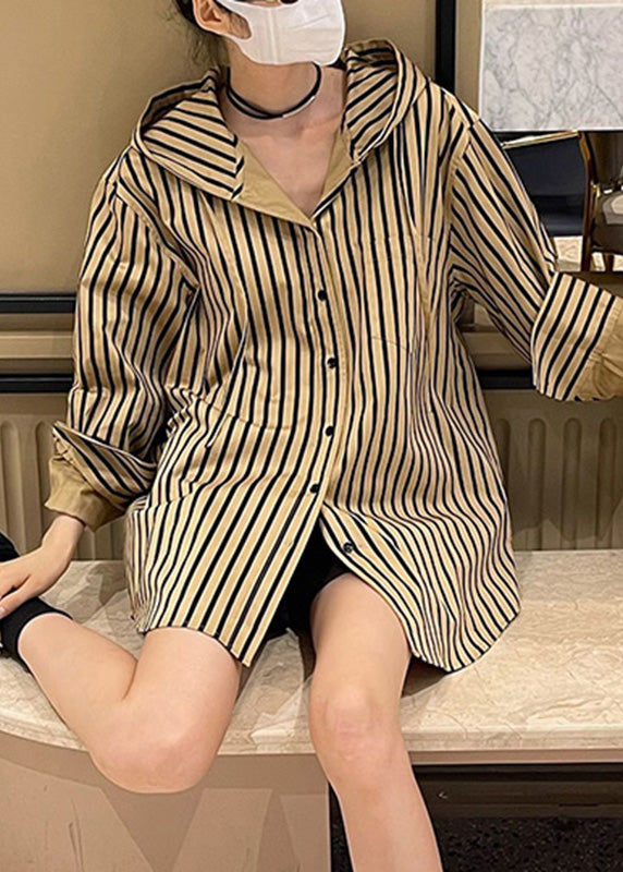 Natural Khaki Striped Button Hooded Shirts Spring