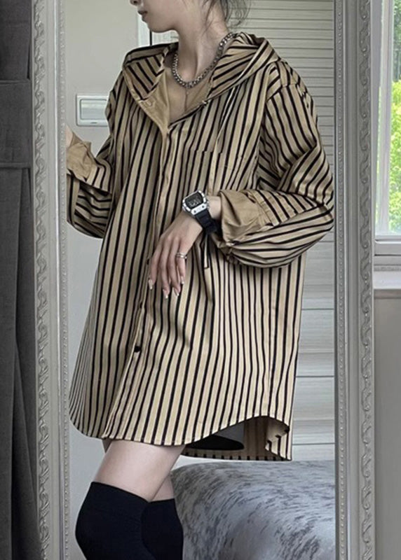 Natural Khaki Striped Button Hooded Shirts Spring