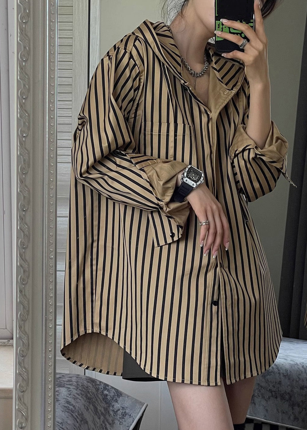 Natural Khaki Striped Button Hooded Shirts Spring