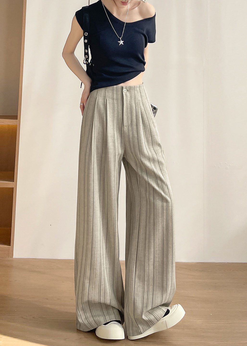 Natural Khaki Striped Draping Cotton Wide Leg Pants Fall