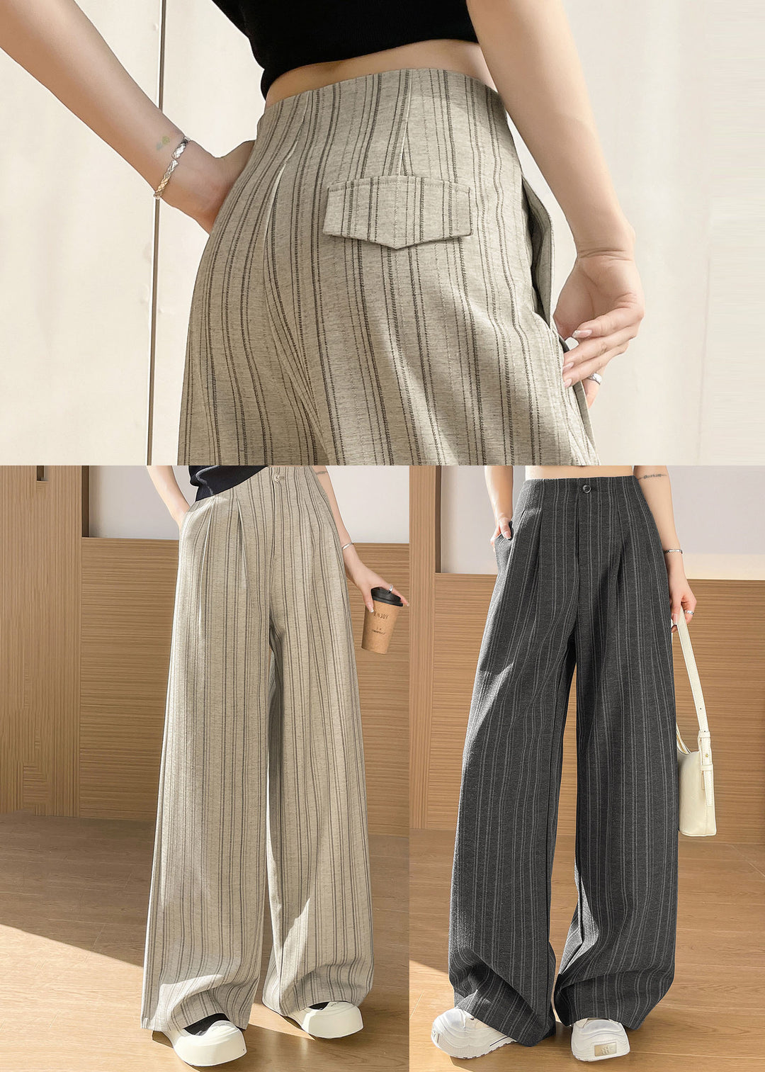 Natural Khaki Striped Draping Cotton Wide Leg Pants Fall