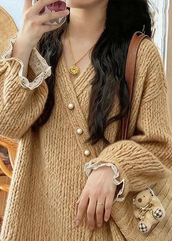 Natural Khaki V Neck Cozy Cotton Knit Cardigan Spring