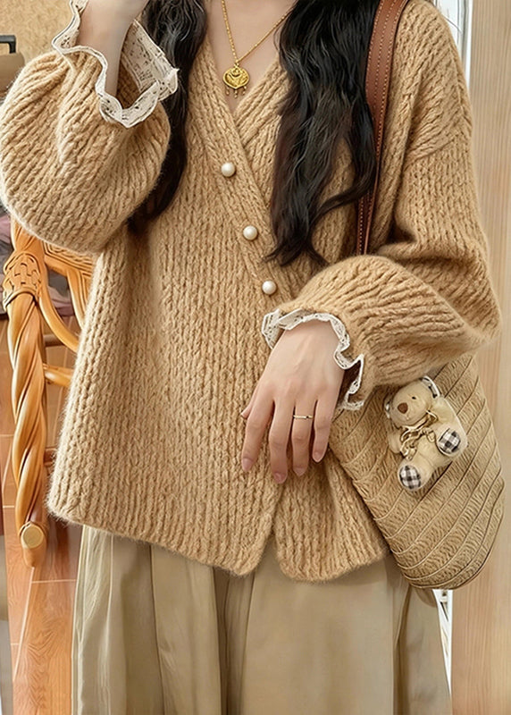 Natural Khaki V Neck Cozy Cotton Knit Cardigan Spring