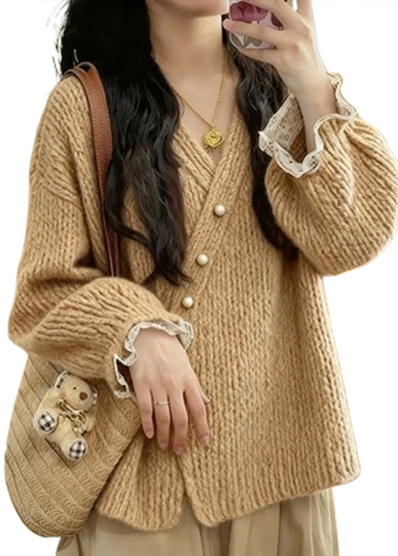 Natural Khaki V Neck Cozy Cotton Knit Cardigan Spring