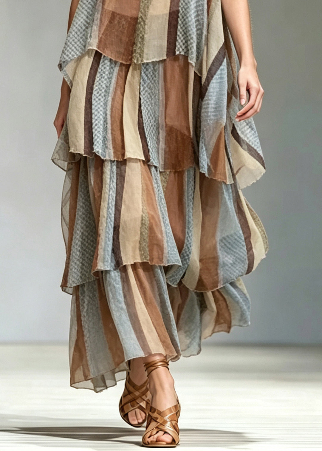 Natural Layered Striped Chiffon Spaghetti Strap Dress Summer