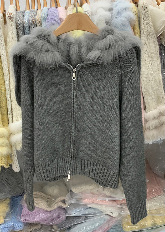 Natural Light Blue Fox Collar Zippered Patchwork Cotton Knit Cardigans Winter