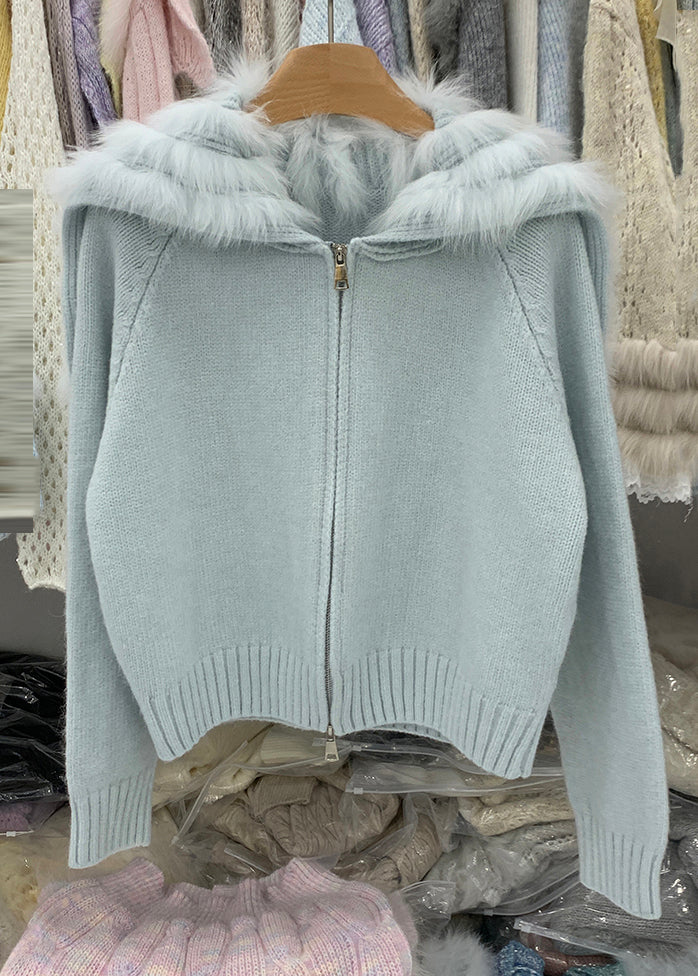 Natural Light Blue Fox Collar Zippered Patchwork Cotton Knit Cardigans Winter