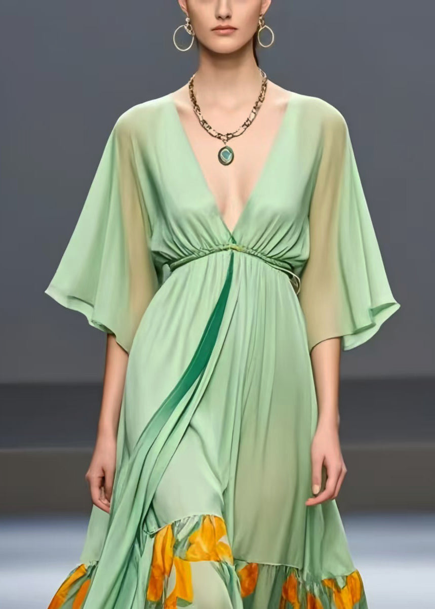 Natural Light Green Exra Large Hem Patchwork Chiffon Holiday Dress Summer