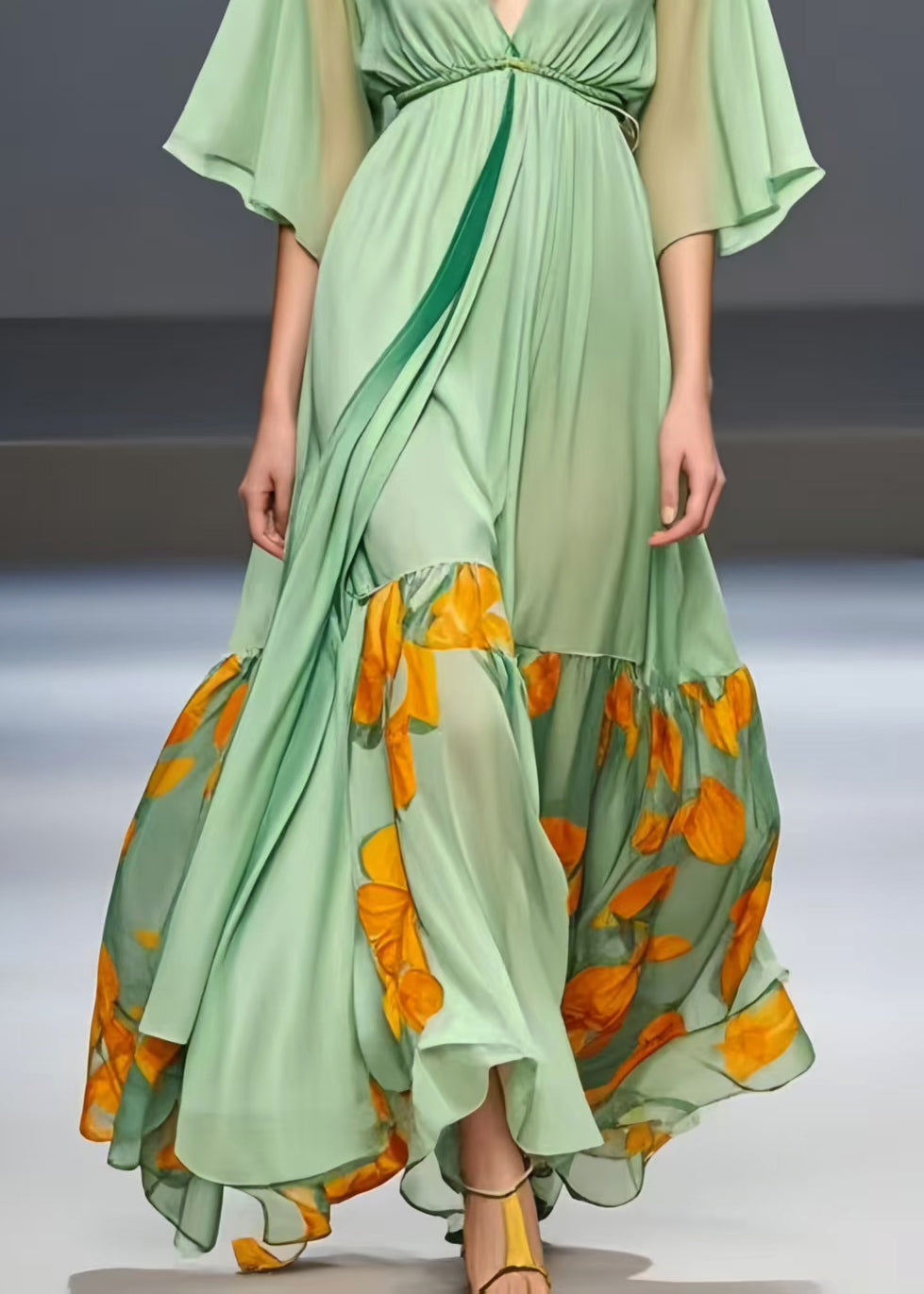 Natural Light Green Exra Large Hem Patchwork Chiffon Holiday Dress Summer
