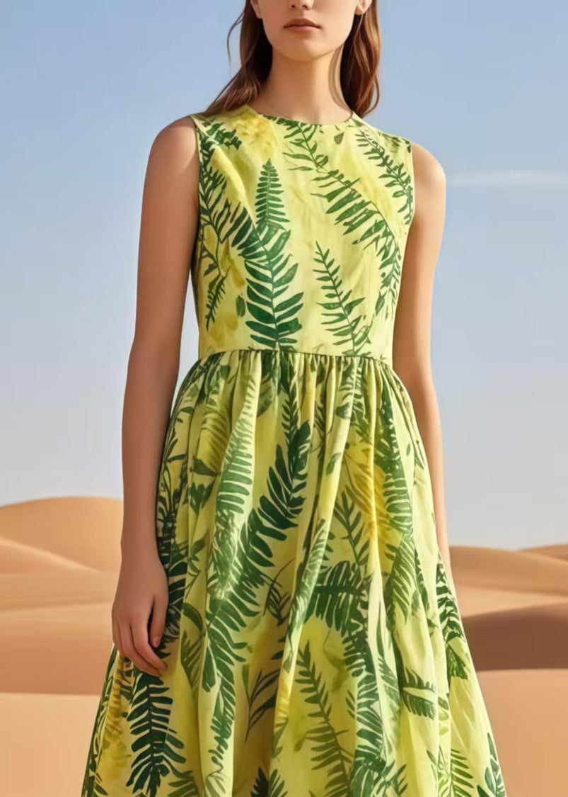 Natural Light Green Leaf Print Cotton Holiday Dress Sleeveless