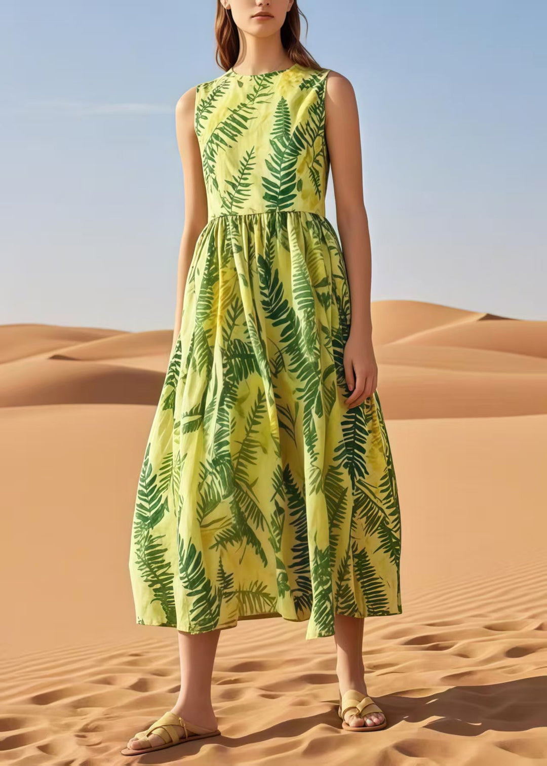 Natural Light Green Leaf Print Cotton Holiday Dress Sleeveless