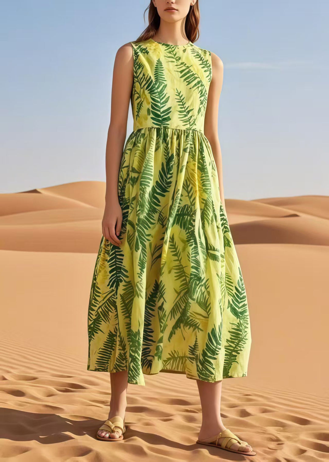 Natural Light Green Leaf Print Cotton Holiday Dress Sleeveless