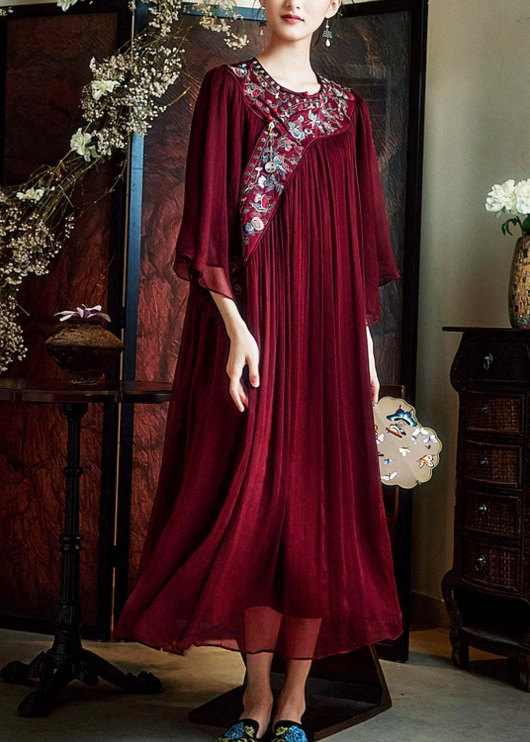 Natural Mulberry Embroidered Wrinkled Silk Long Dress Summer