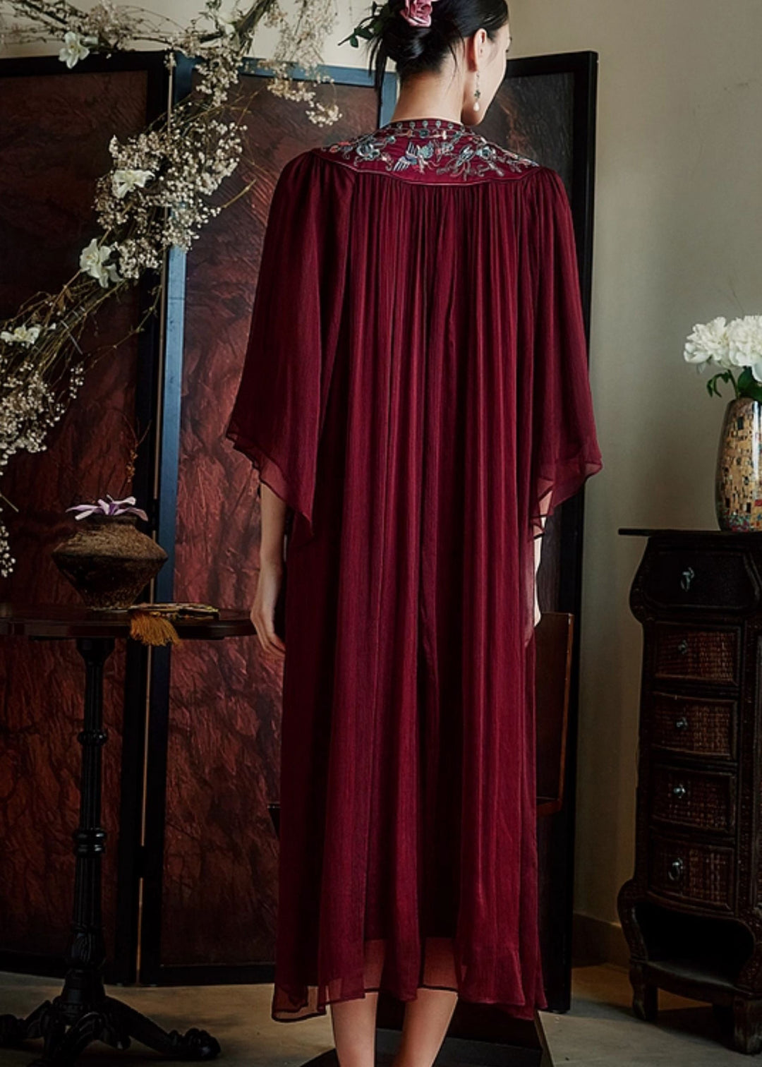Natural Mulberry Embroidered Wrinkled Silk Long Dress Summer