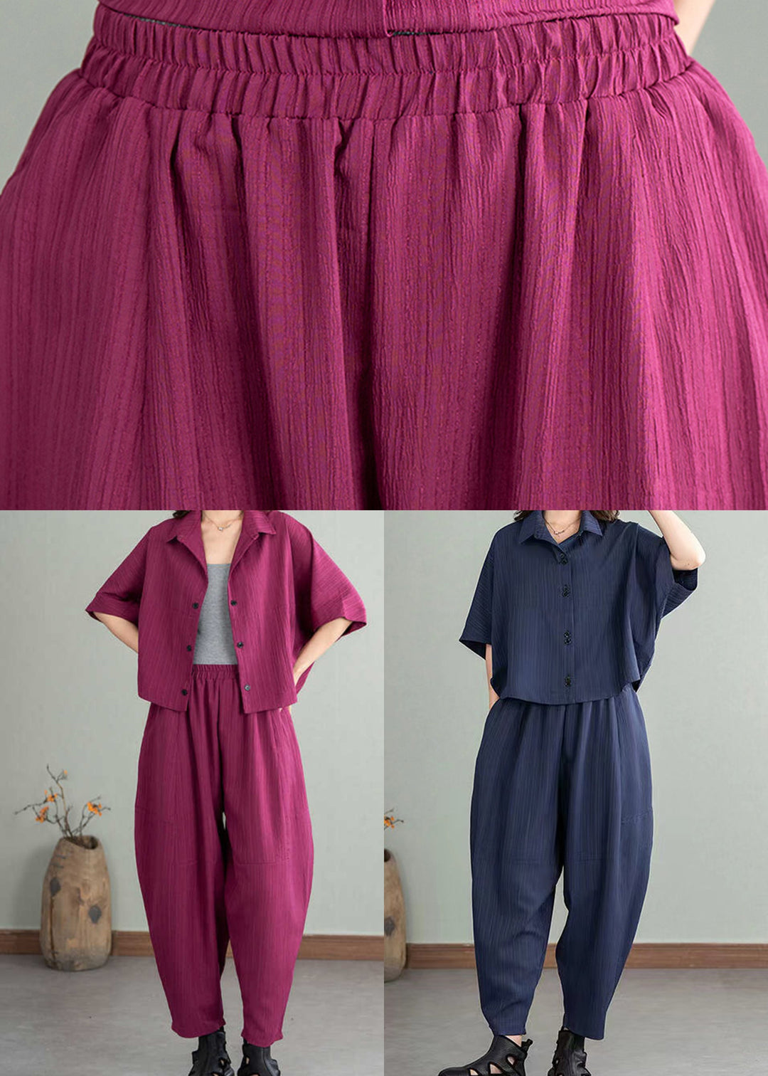 Natural Navy Oversized Cotton Women Sets 2 Pieces Summer