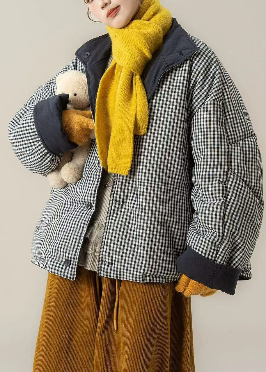 Natural Navy Plaid Wear On Both Sides Fine Cotton Filled Puffers Jackets Winter