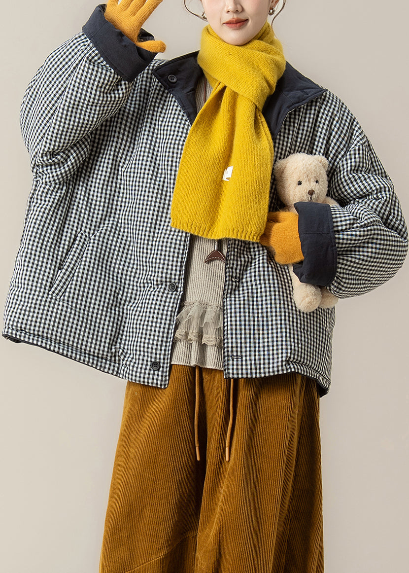 Natural Navy Plaid Wear On Both Sides Fine Cotton Filled Puffers Jackets Winter