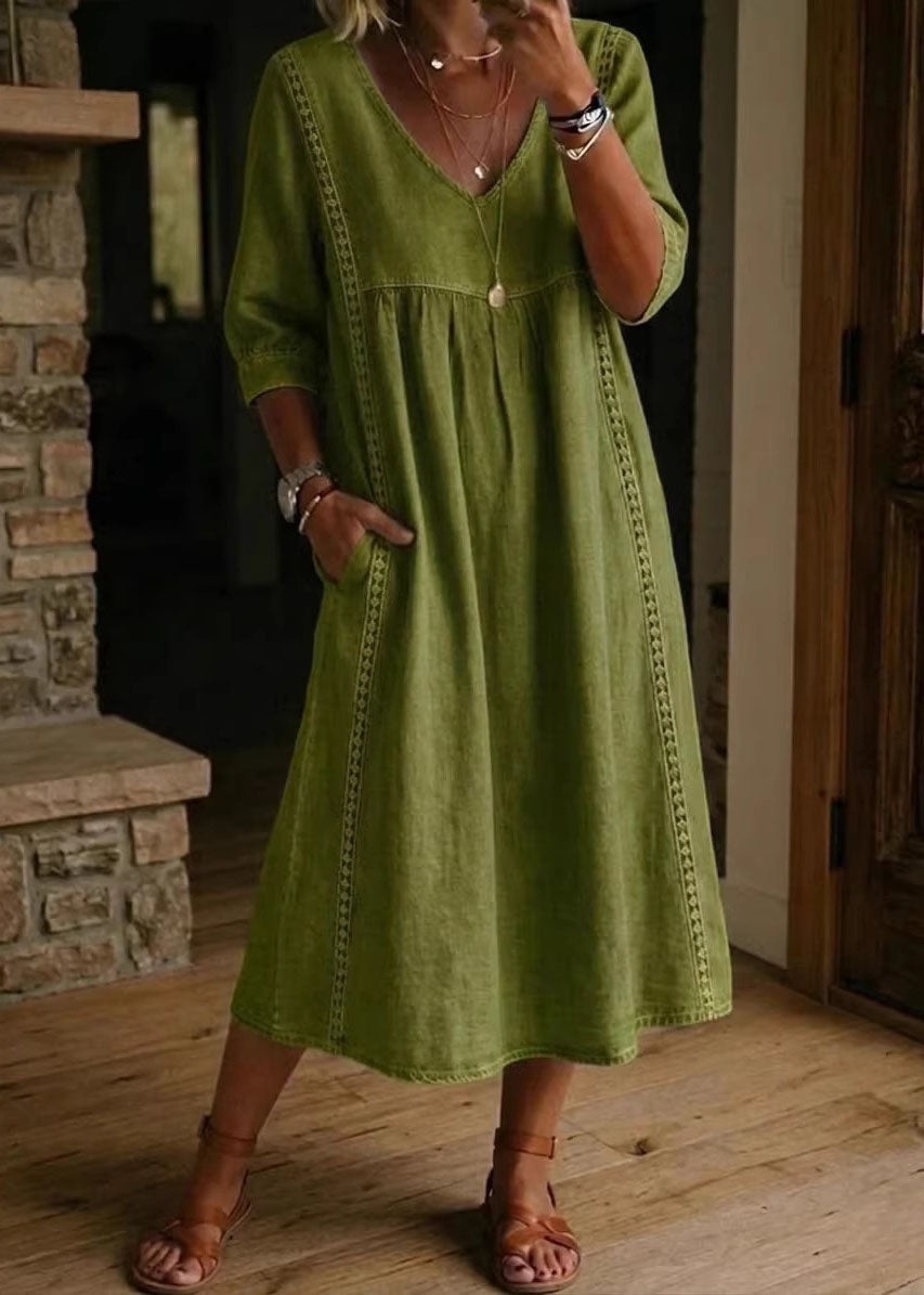 Natural Navy V Neck Patchwork Denim Long Dresses Summer