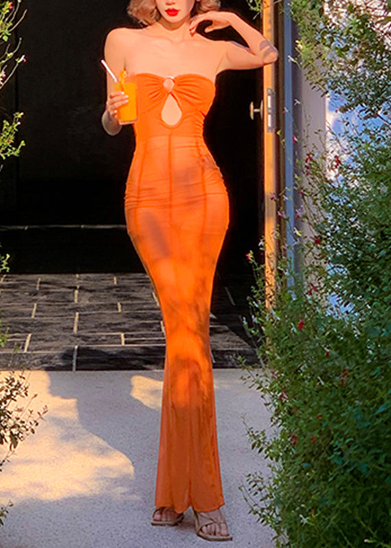 Natural Orange Cinched Hollow Out Tulle Maxi Dresses Sleeveless