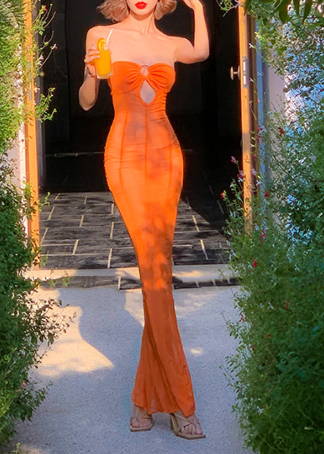 Natural Orange Cinched Hollow Out Tulle Maxi Dresses Sleeveless