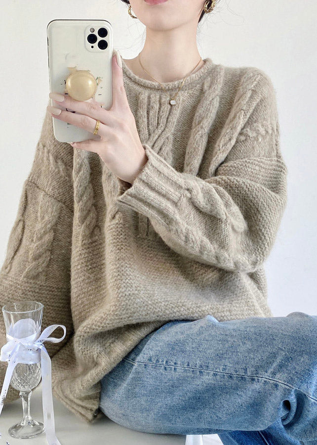 Natural Patchwork Cozy Cable Cotton Knit Sweater Fall