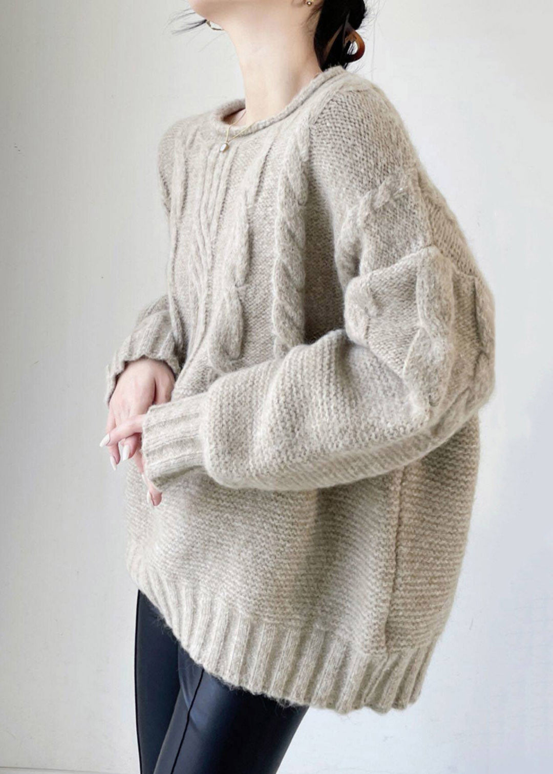 Natural Patchwork Cozy Cable Cotton Knit Sweater Fall