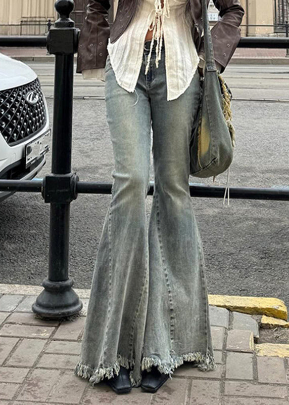 Natural Patchwork Pockets Denim Flared Trousers Spring