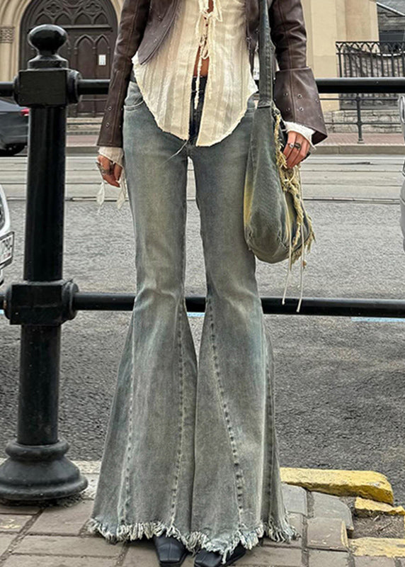 Natural Patchwork Pockets Denim Flared Trousers Spring