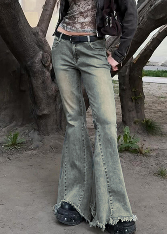 Natural Patchwork Pockets Denim Flared Trousers Spring