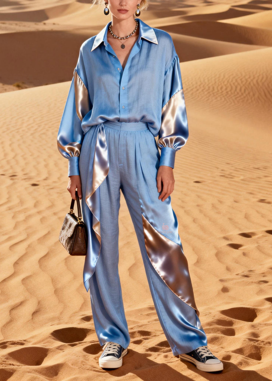 Natural Peter Pan Collar Patchwork Linen Silk Two Pieces Set Spring