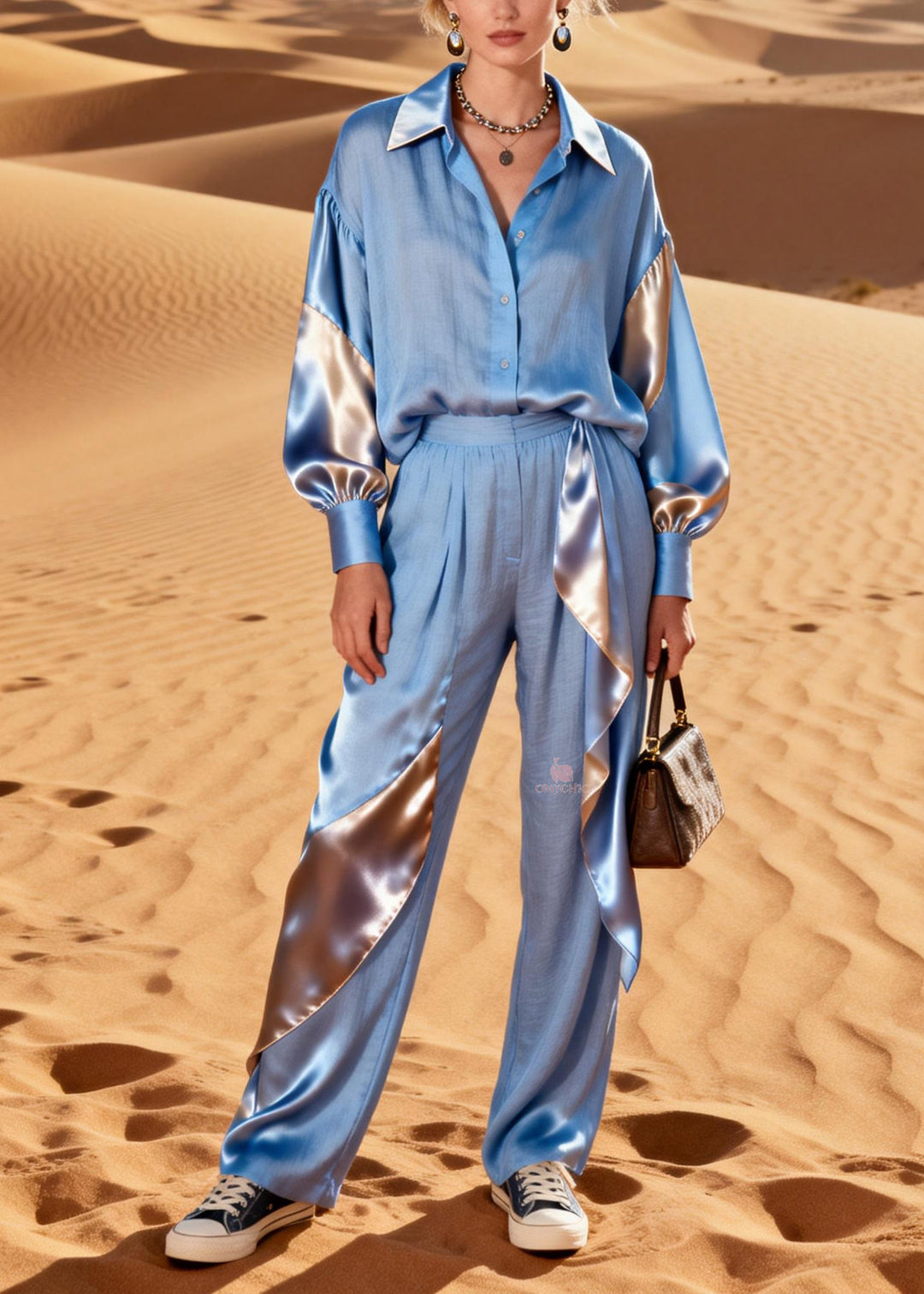 Natural Peter Pan Collar Patchwork Linen Silk Two Pieces Set Spring